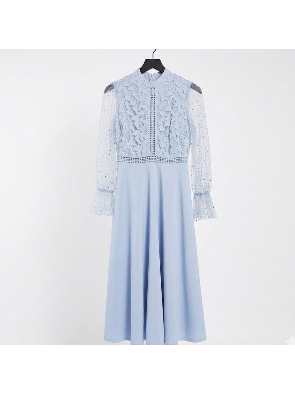 *SHEIN Blue Floral Lace Midi Dress Sheer Sequin Sleeves Size M